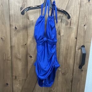NWOT Smismivo Womens Tummy Control Halter One Piece Retro Swimsuit Blue Size XL
